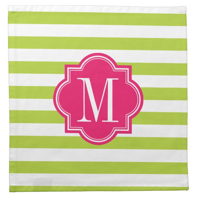 Lime Green Stripes with Hot Pink Monogram Napkin (Front)
