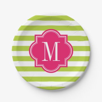 Lime Green Stripes With Hot Pink Monogram Paper Plates by PastelCrown at Zazzle