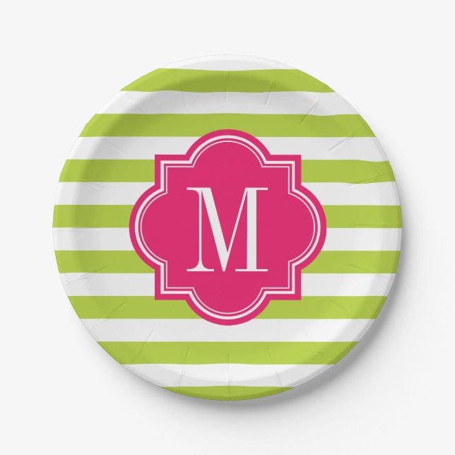 Lime Green Stripes with Hot Pink Monogram Paper Plates (Front)