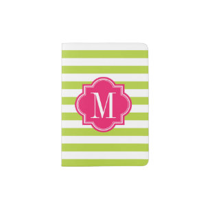 Lime Green Stripes with Hot Pink Monogram Passport Holder