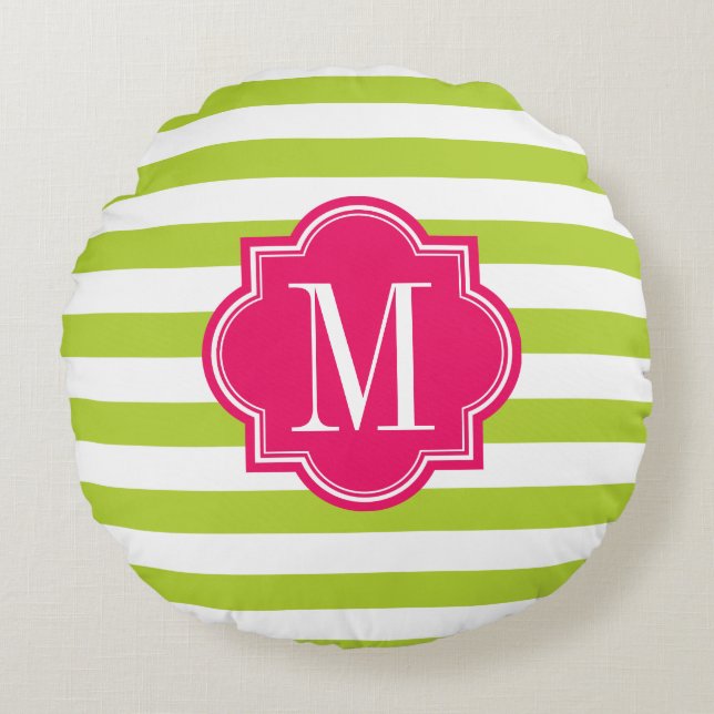 Lime Green Stripes with Hot Pink Monogram Round Pillow (Front)