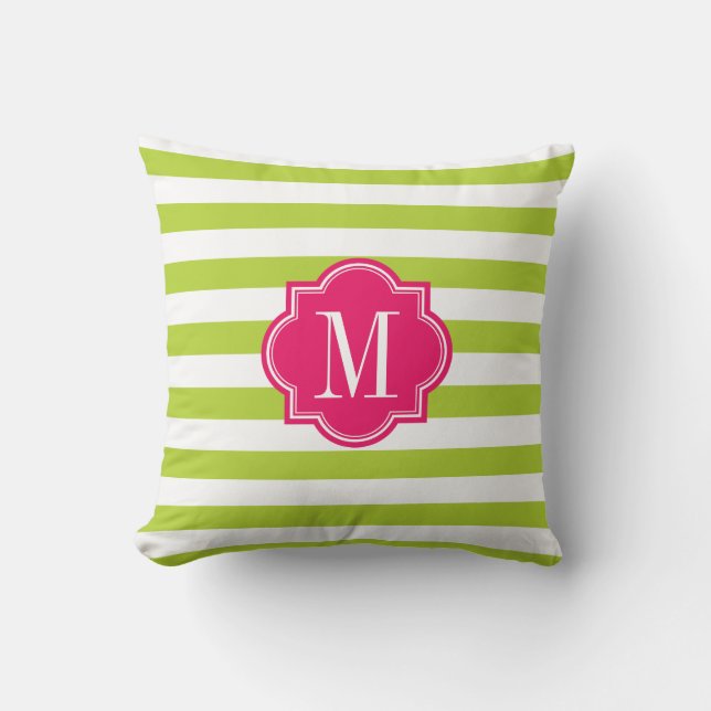 Lime Green Stripes with Hot Pink Monogram Throw Pillow (Front)