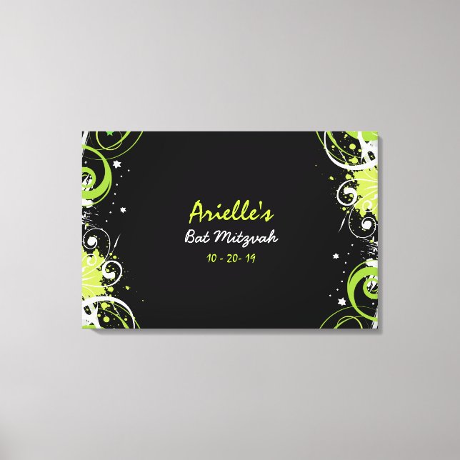 LIME GREEN SWIRLS Bat Mitzvah Memory Sign-In Board Canvas Print (Front)