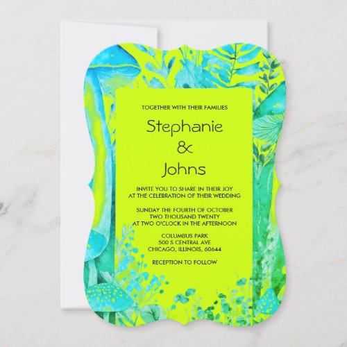 Lime Green Teal Blue Mushroom Woodland Wedding Invitation