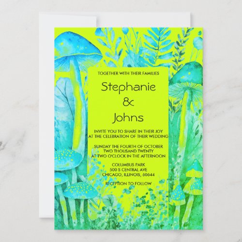 Lime Green Teal Blue Mushrooms Woodland Wedding Invitation