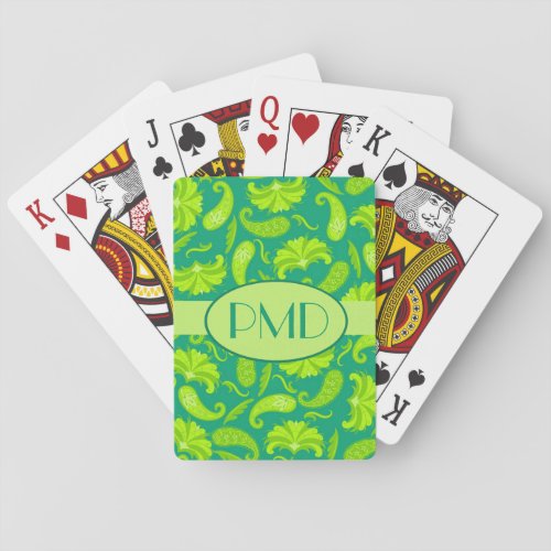Lime Green  Teal Monogram Name Parisian Paisley Playing Cards