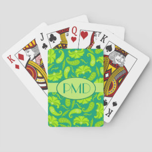 Lime Green & Teal Monogram Name Parisian Paisley Poker Cards