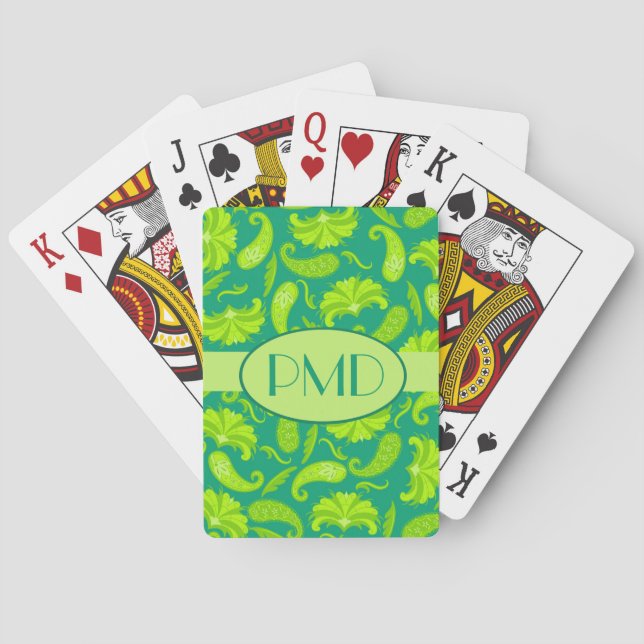 Lime Green & Teal Monogram Name Parisian Paisley Poker Cards (Back)
