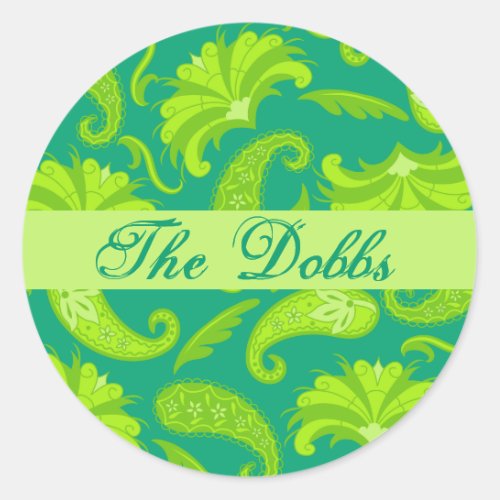 Lime Green Teal Paisley Personalized Round Sticker