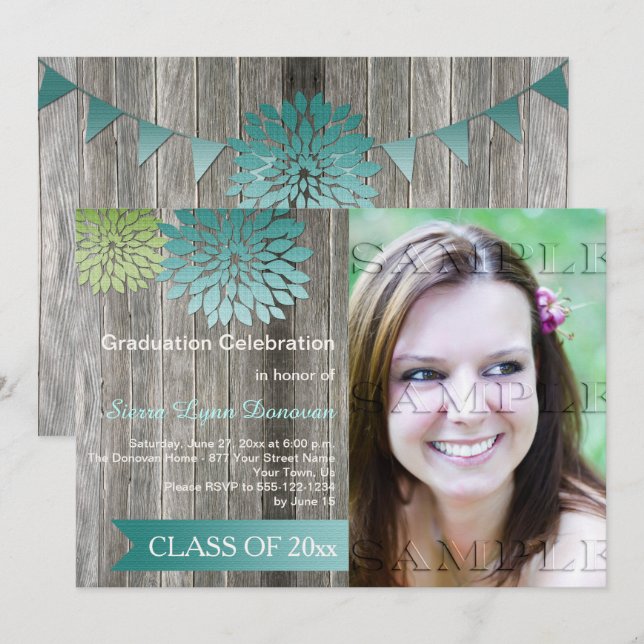 Lime Green Teal Petals Barn Wood Graduation Party Invitation (Front/Back)