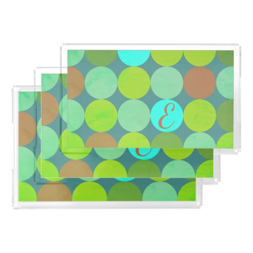 Lime Green Teal Turquoise  Rust Circles Monogram Acrylic Tray