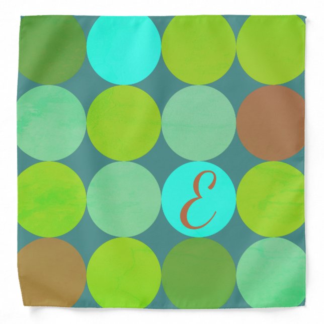 Lime Green Teal Turquoise & Rust Circles Monogram Bandana (Front)