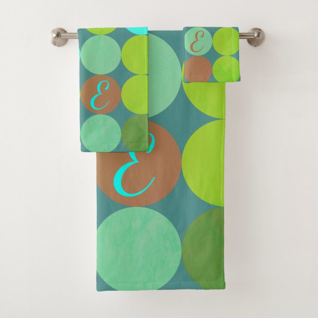 Lime Green Teal Turquoise & Rust Circles Monogram Bath Towel Set (Insitu)