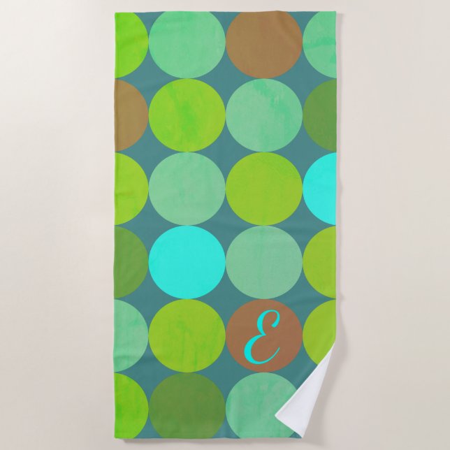 Lime Green Teal Turquoise & Rust Circles Monogram Beach Towel (Front)