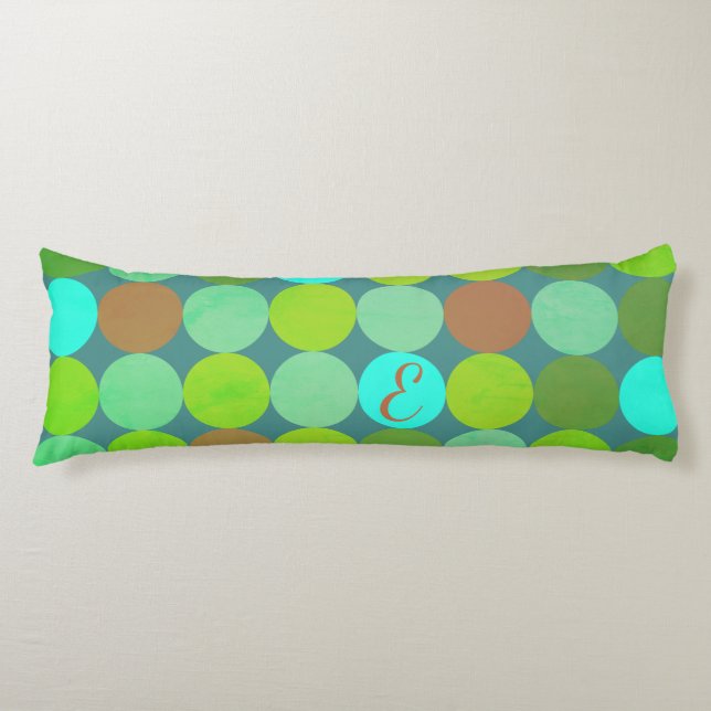 Lime Green Teal Turquoise & Rust Circles Monogram Body Pillow (Front)