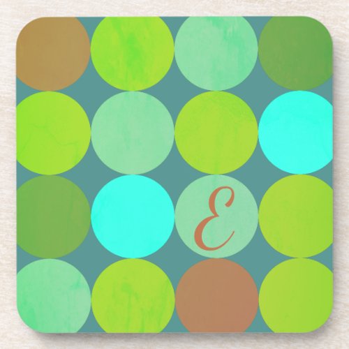 Lime Green Teal Turquoise  Rust Circles Monogram Coaster