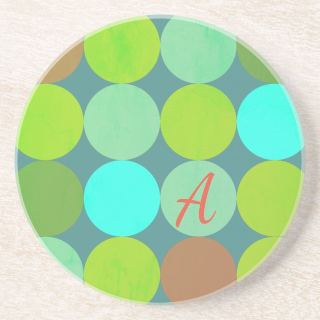 Lime Green Teal Turquoise & Rust Circles Monogram Drink Coaster (Front)