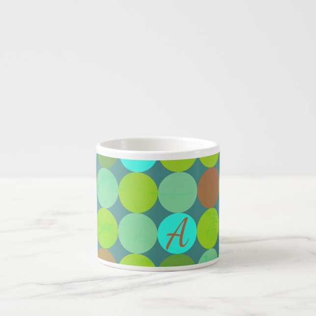 Lime Green Teal Turquoise & Rust Circles Monogram Espresso Cup (Front)