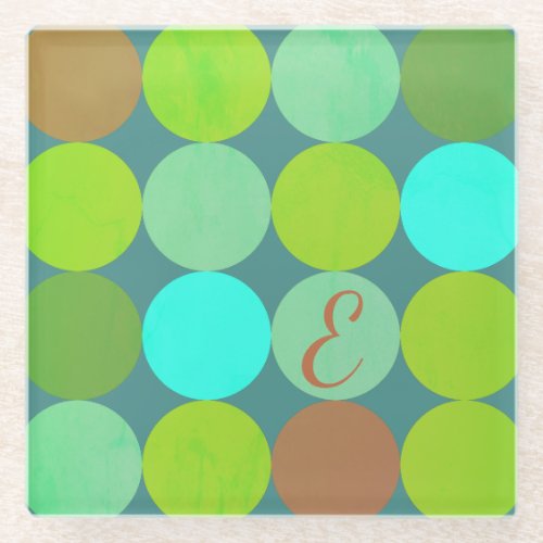 Lime Green Teal Turquoise  Rust Circles Monogram Glass Coaster