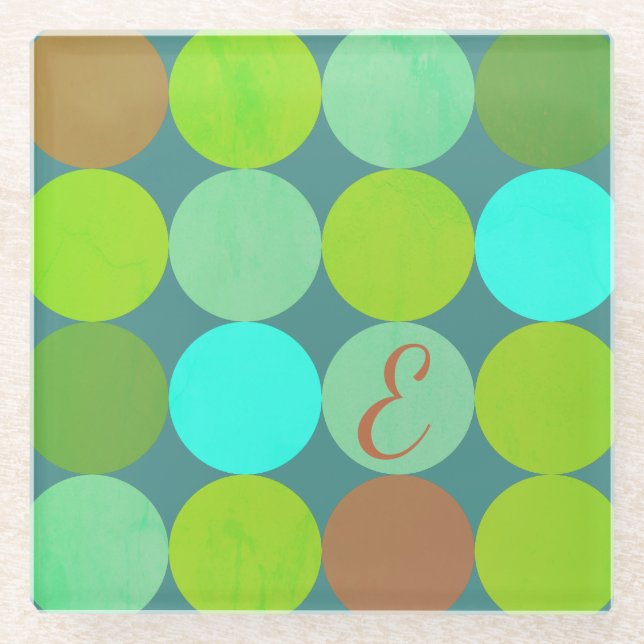 Lime Green Teal Turquoise & Rust Circles Monogram Glass Coaster (Front)