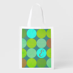 Lime Green Teal Turquoise &amp; Rust Circles Monogram Grocery Bag