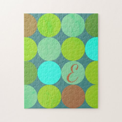 Lime Green Teal Turquoise  Rust Circles Monogram Jigsaw Puzzle