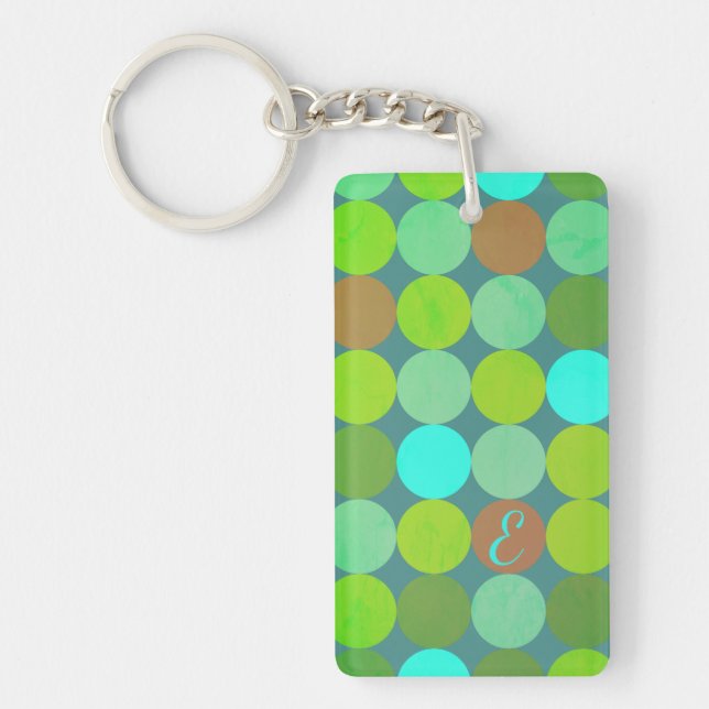 Lime Green Teal Turquoise & Rust Circles Monogram Keychain (Front)
