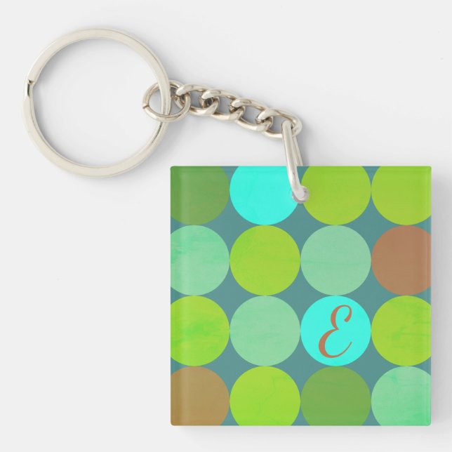 Lime Green Teal Turquoise & Rust Circles Monogram Keychain (Front)