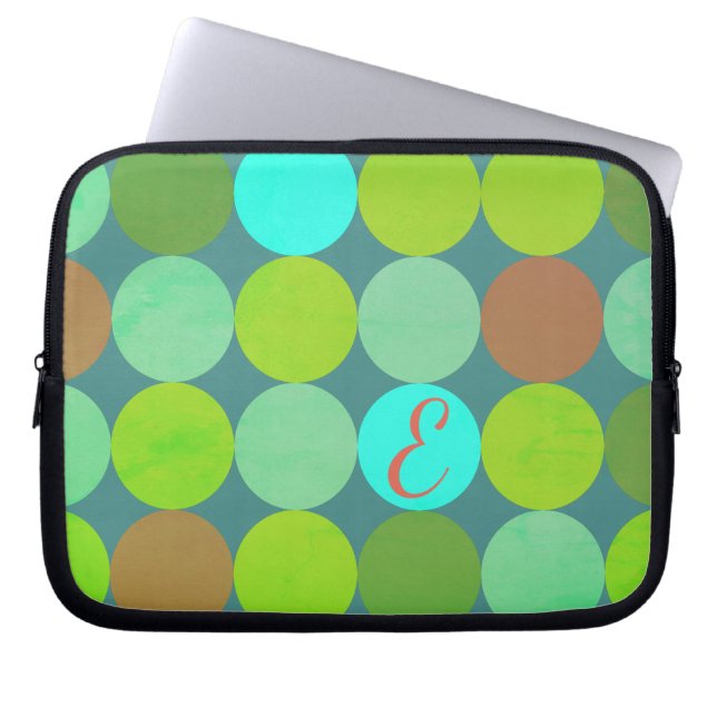 Lime Green Teal Turquoise & Rust Circles Monogram Laptop Sleeve (Front)