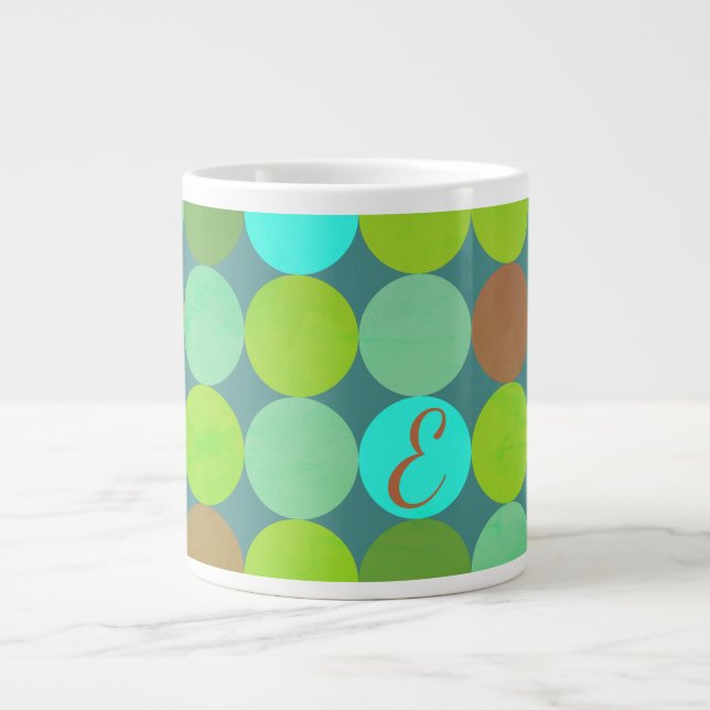 Lime Green Teal Turquoise & Rust Circles Monogram Large Coffee Mug (Front)