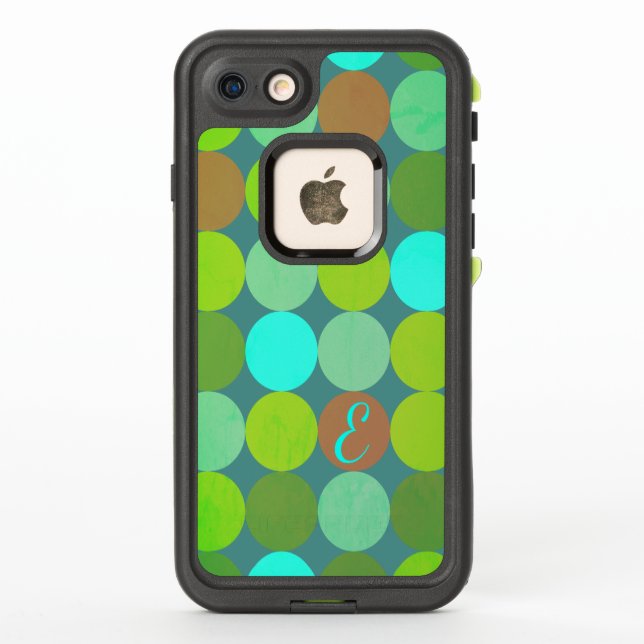 Lime Green Teal Turquoise & Rust Circles Monogram LifeProof iPhone Case (Back)