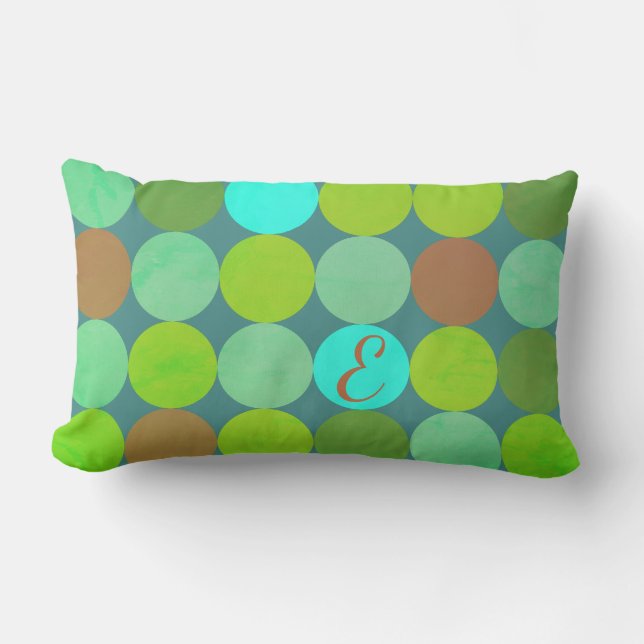 Lime Green Teal Turquoise & Rust Circles Monogram Lumbar Pillow (Front)