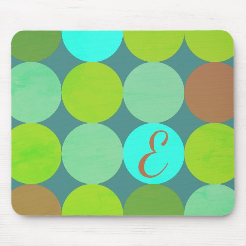 Lime Green Teal Turquoise  Rust Circles Monogram Mouse Pad