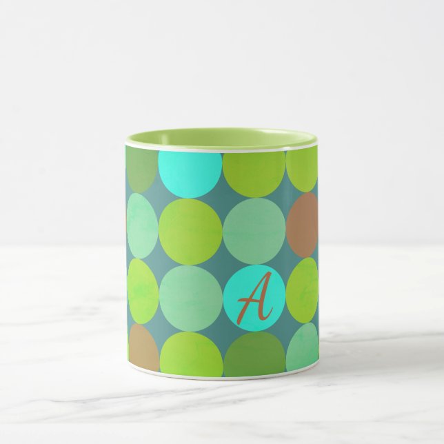 Lime Green Teal Turquoise & Rust Circles Monogram Mug (Center)