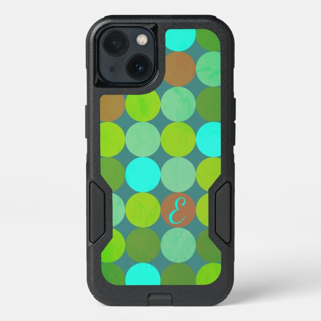 Lime Green Teal Turquoise & Rust Circles Monogram Otterbox iPhone Case (Back)