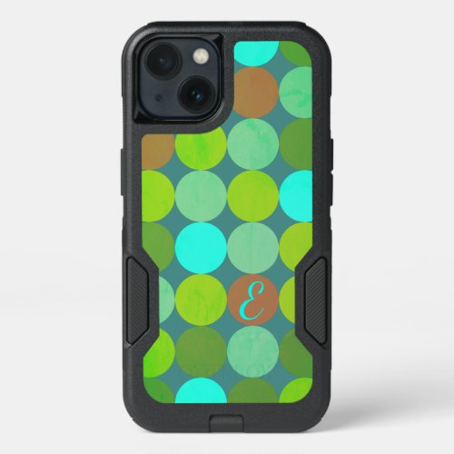 Lime Green Teal Turquoise  Rust Circles Monogram iPhone 13 Case