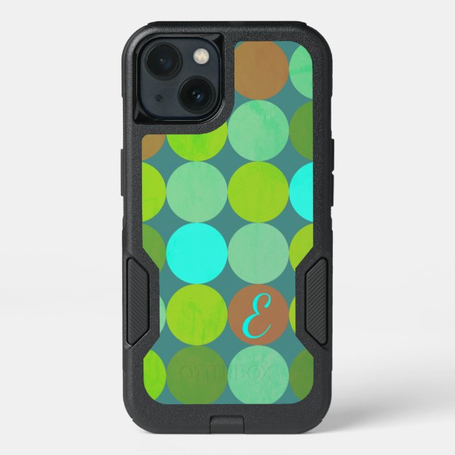 Lime Green Teal Turquoise & Rust Circles Monogram Otterbox iPhone Case (Back)