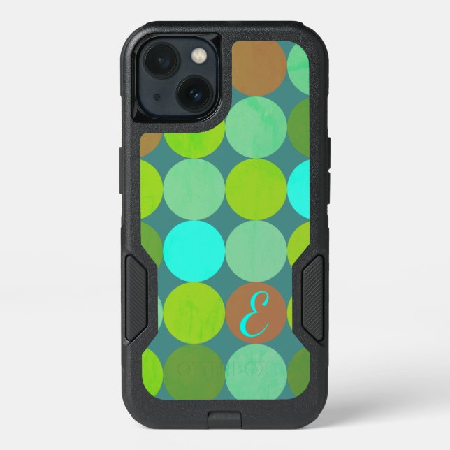 Lime Green Teal Turquoise & Rust Circles Monogram Otterbox iPhone Case (Back)