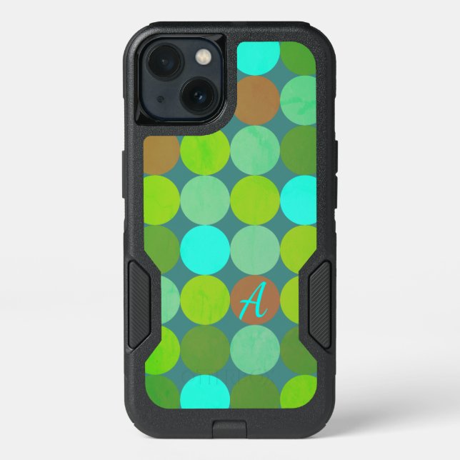 Lime Green Teal Turquoise & Rust Circles Monogram Otterbox iPhone Case (Back)