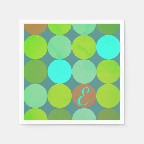 Lime Green Teal Turquoise  Rust Circles Monogram Paper Napkins