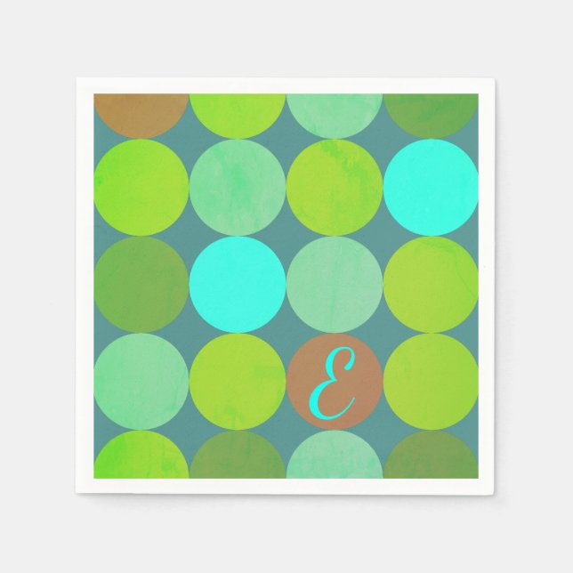 Lime Green Teal Turquoise & Rust Circles Monogram Paper Napkins (Front)