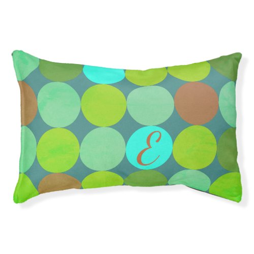 Lime Green Teal Turquoise  Rust Circles Monogram Pet Bed