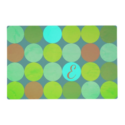 Lime Green Teal Turquoise  Rust Circles Monogram Placemat