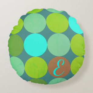 Lime Green Teal Turquoise & Rust Circles Monogram Round Pillow