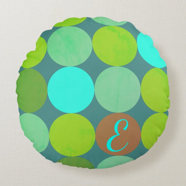 Lime Green Teal Turquoise & Rust Circles Monogram Round Pillow (Front)