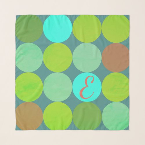 Lime Green Teal Turquoise  Rust Circles Monogram Scarf