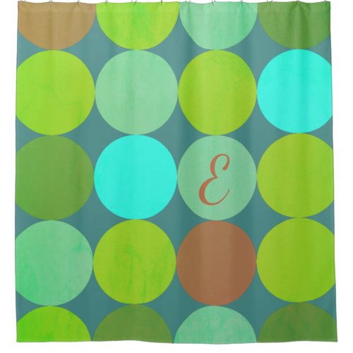 Lime Green Teal Turquoise  Rust Circles Monogram Shower Curtain