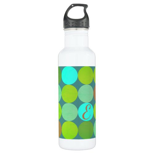 Lime Green Teal Turquoise  Rust Circles Monogram Stainless Steel Water Bottle