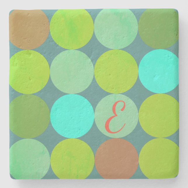 Lime Green Teal Turquoise & Rust Circles Monogram Stone Coaster (Front)