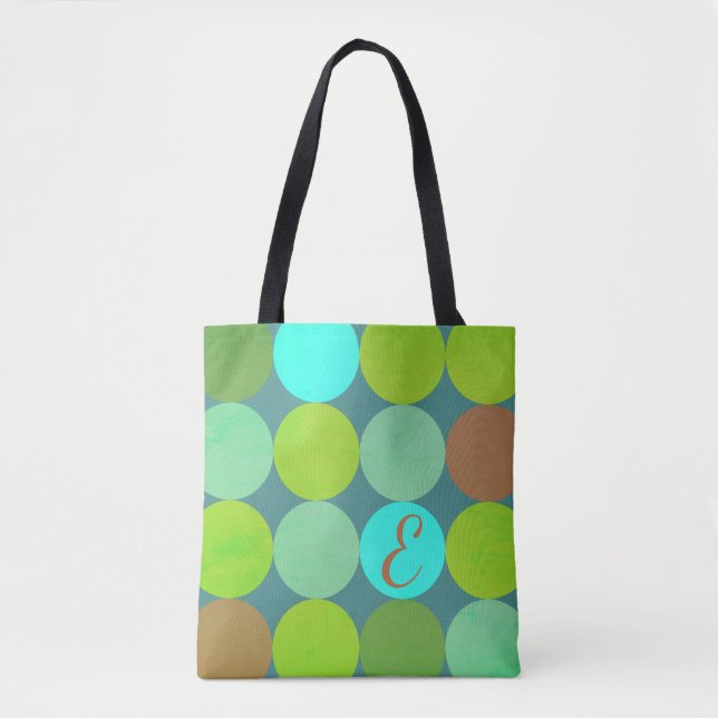 Lime Green Teal Turquoise & Rust Circles Monogram Tote Bag (Front)